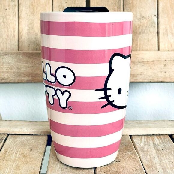 NWT Gorgeous Hello Kitty Pink Striped Glossy Ceramic Tall Travel Mug with lid - Picture 11 of 16